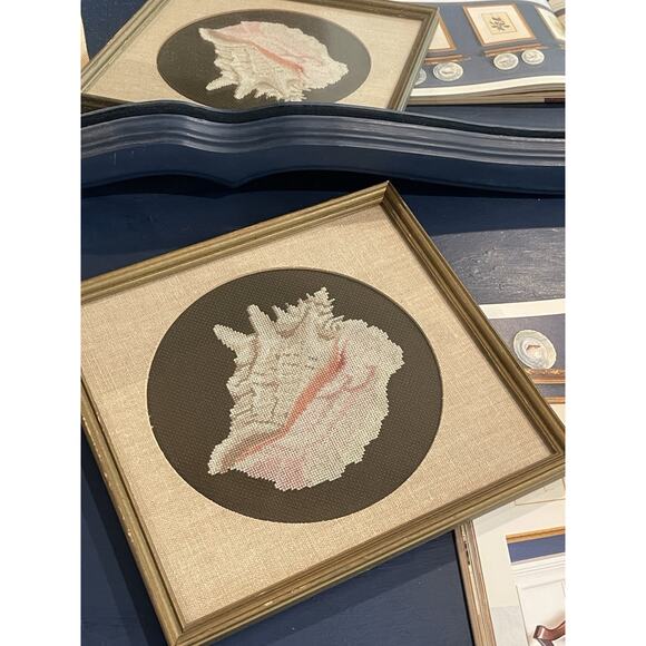 Conch Seashell Cross Stitch Framed Artwork Brown and Cream Wood Framed Beach - Picture 7 of 7